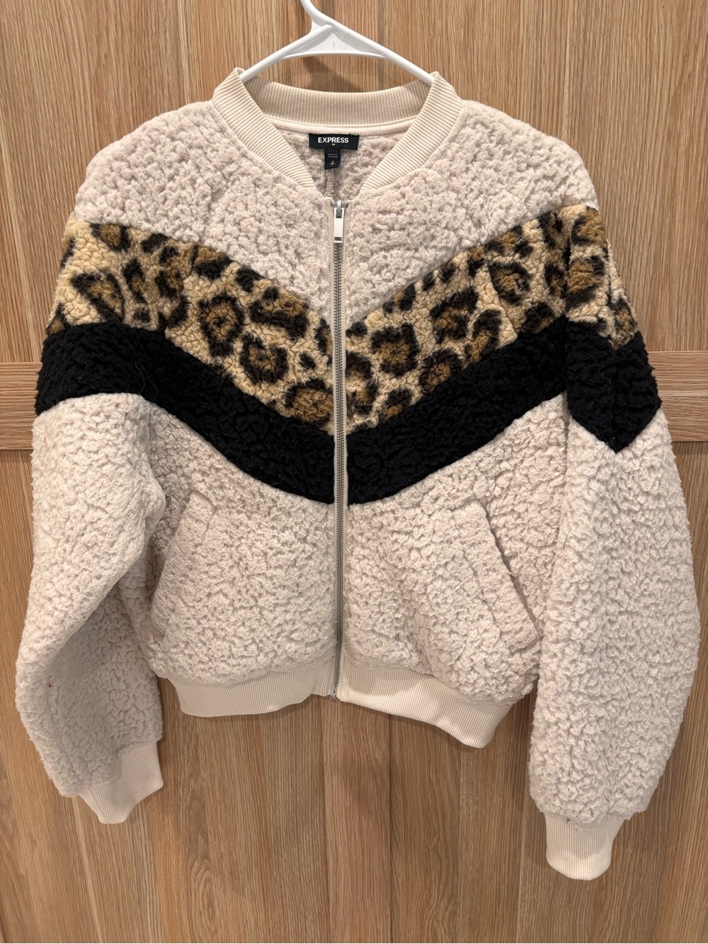 Express Cream Sherpa Jacket with Leopard and Black Detail